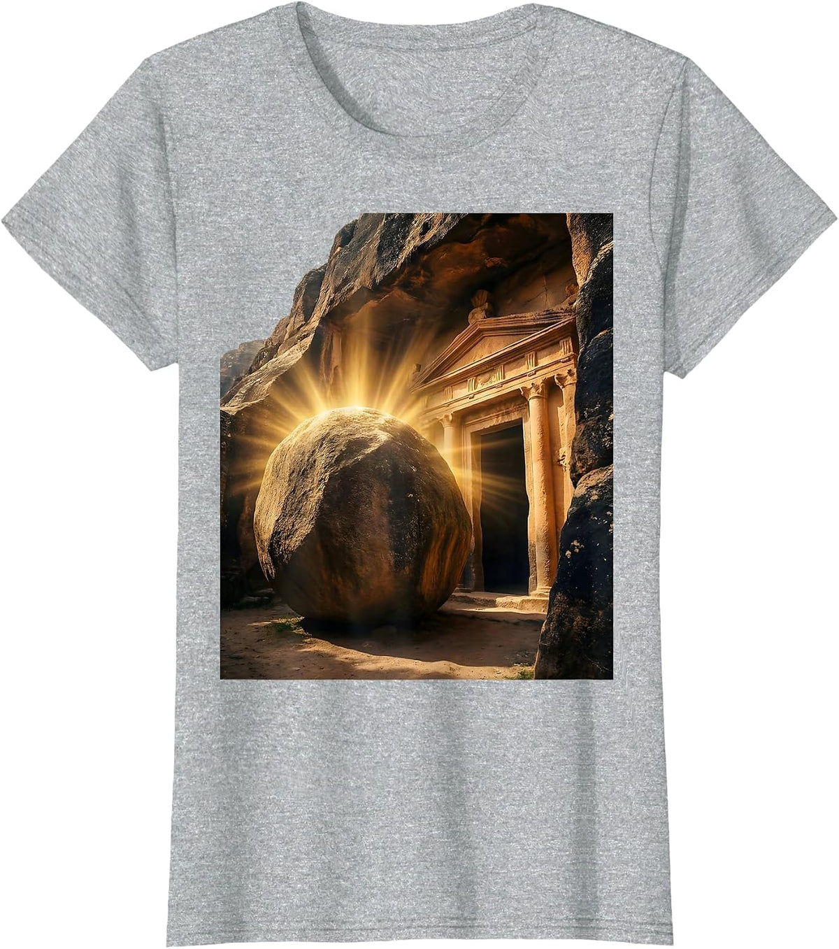 Women's Jesus Stone Tomb Sealed Boulder Illustration T-Shirt - Heather Grey