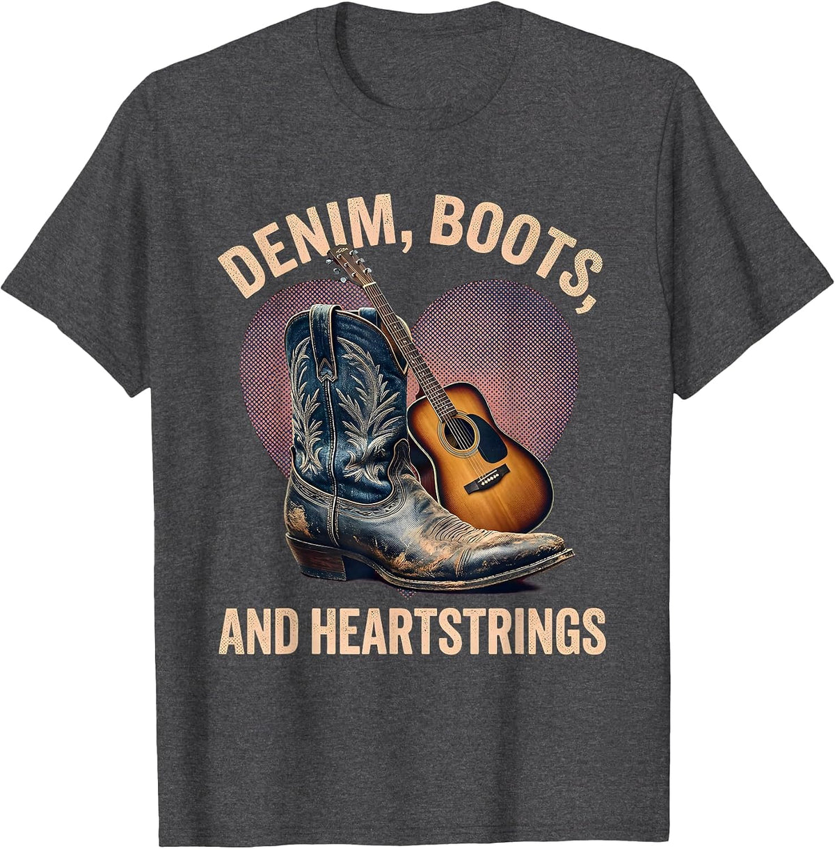 Denim Boots and Heartstrings Country Music Design T-Shirt - Dark Heather Grey