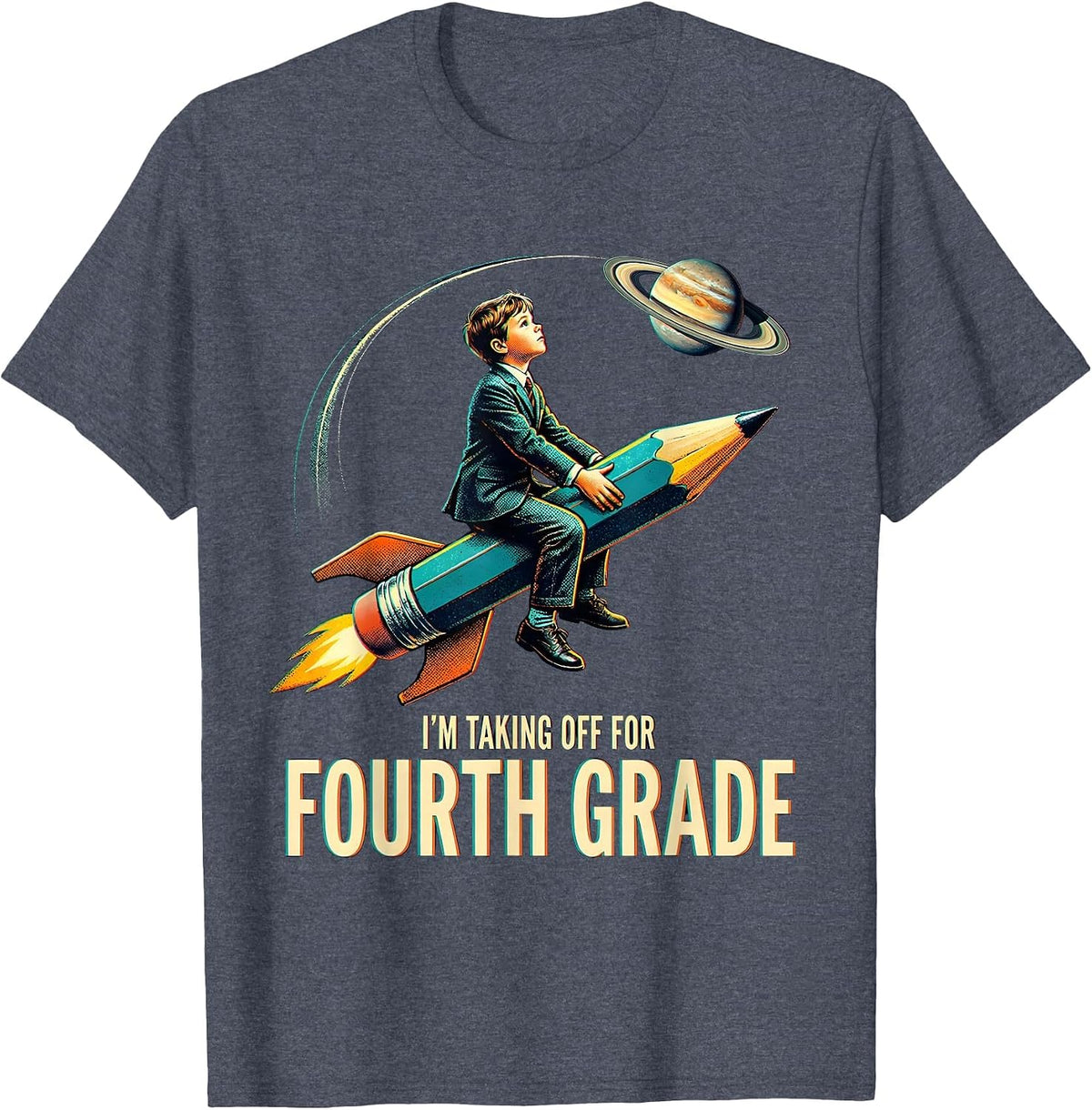 I'm Taking Off For Fourth Grade Playful Astronaut Back T-Shirt - Heather Blue