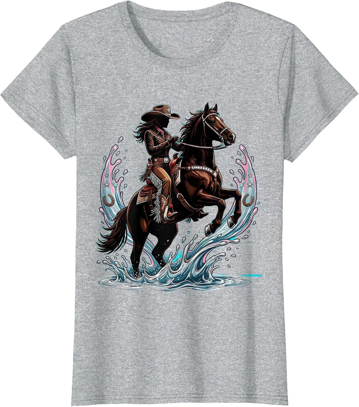 Cowgirl Riding Horse Through Splashing River T-Shirt - Heather Grey