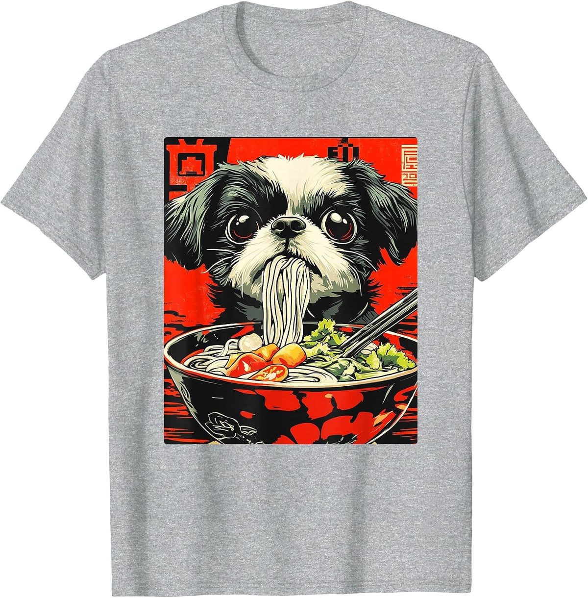 Shih Tzu Eating Japanese Ramen T-Shirt - Heather Grey