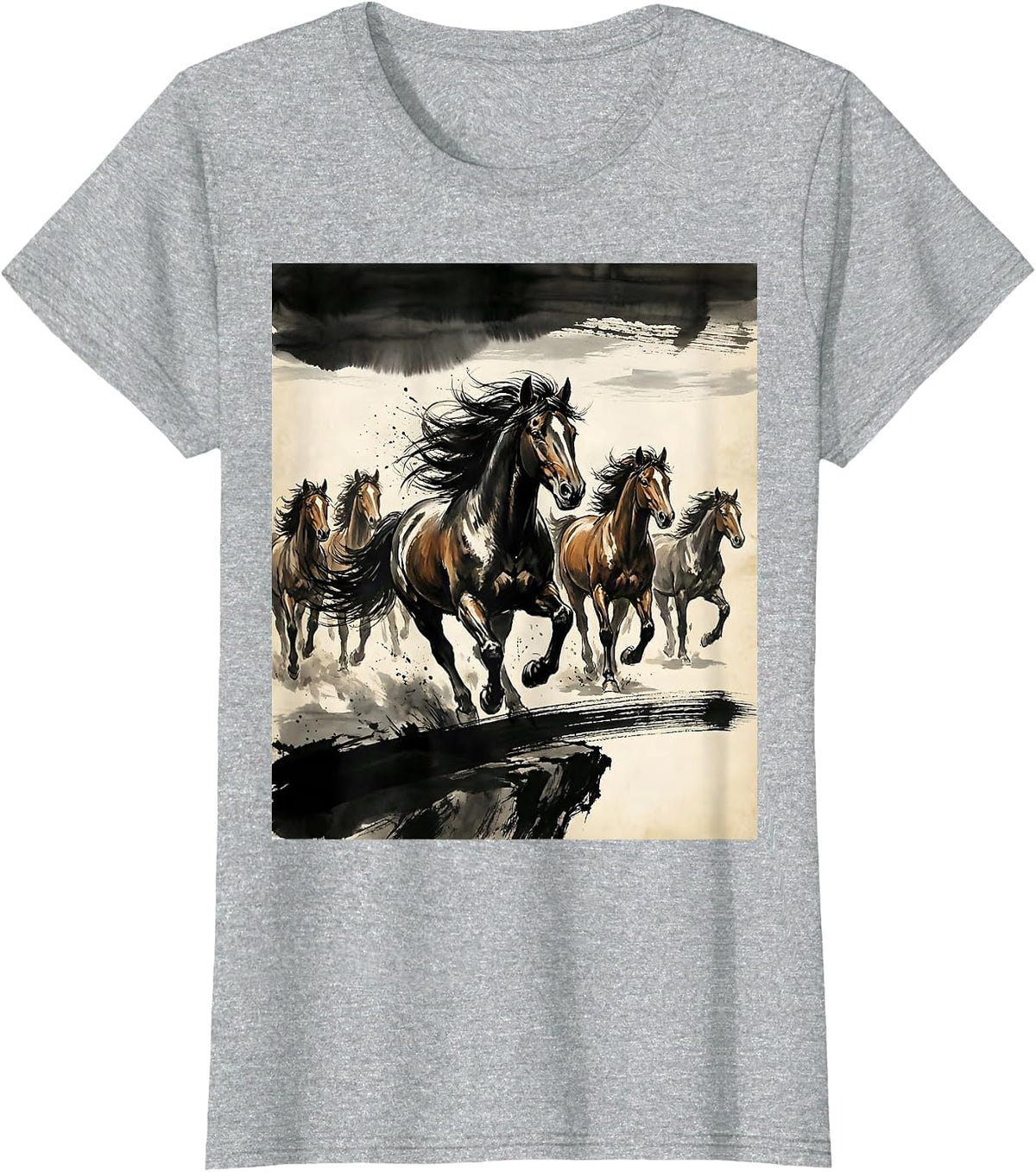 Wild Horses Running Along Cliff Edge at Sunset T-Shirt - Heather Grey