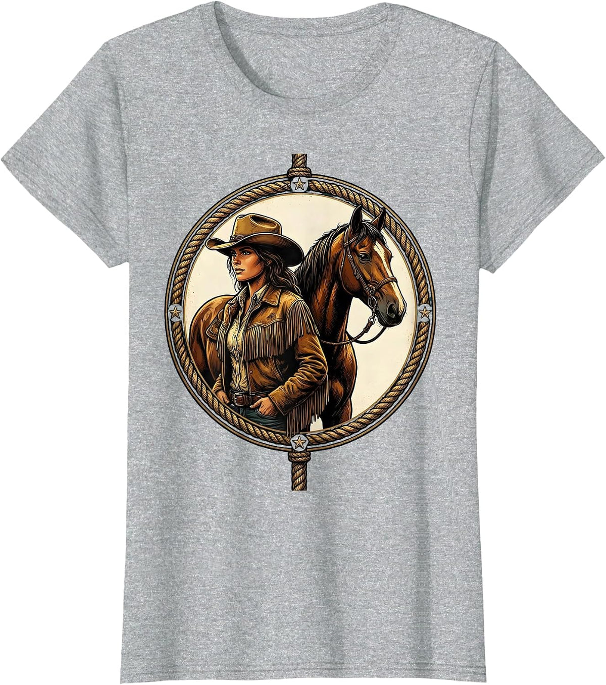 Cowboy Woman and Horse Back-To-Back Graphic T-Shirt - Heather Grey