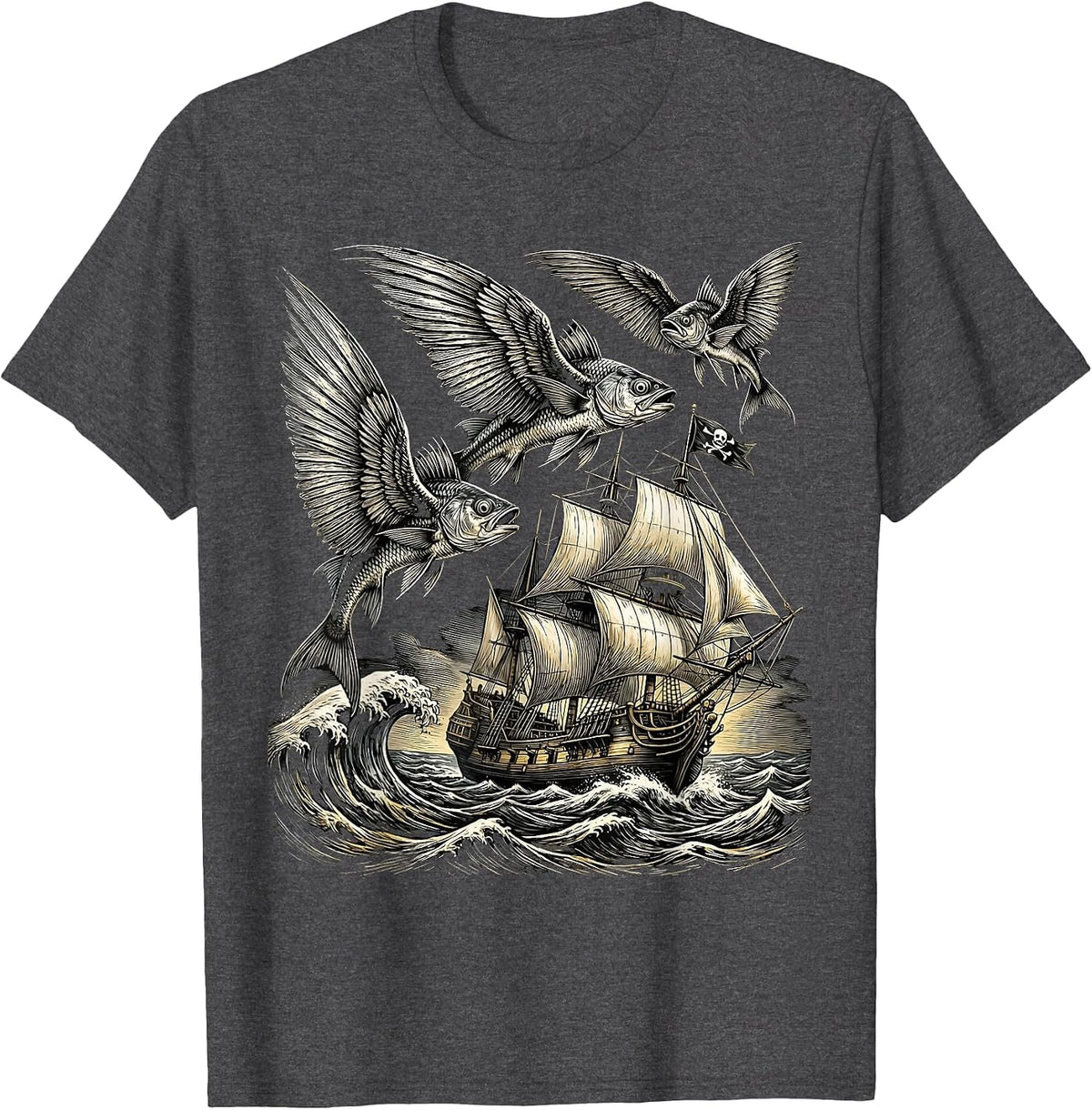 Men's Flying Fish Leaping Over Pirate Ship Graphic T-Shirt - Dark Heather Grey