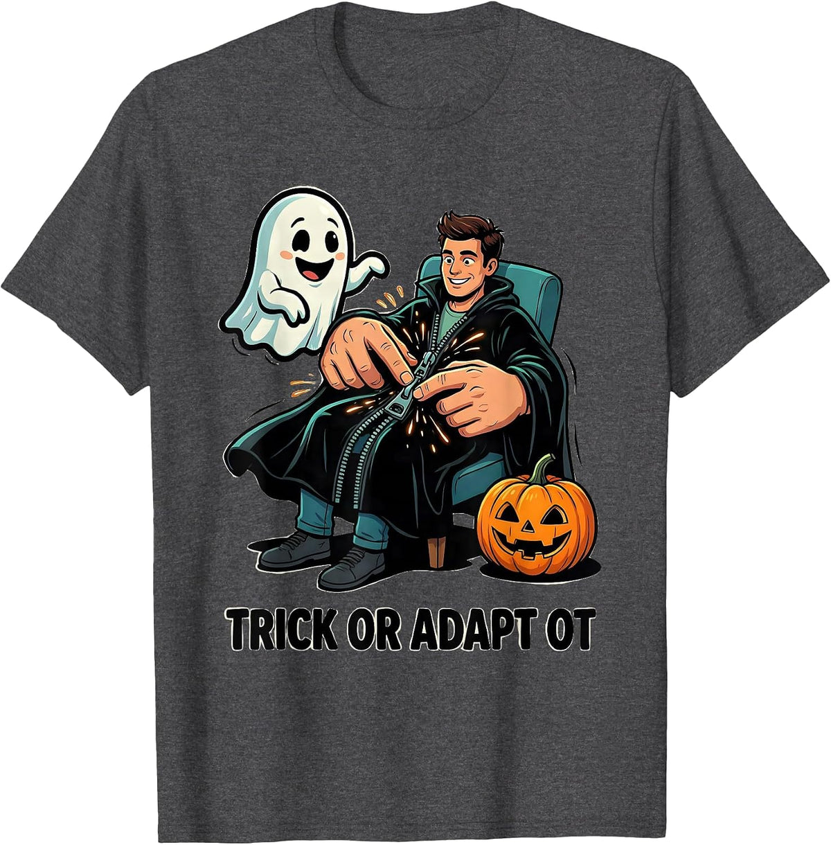 Trick Or Adapt OT Cartoon Ghost Physical Therapy Halloween T-Shirt - Dark Heather Grey