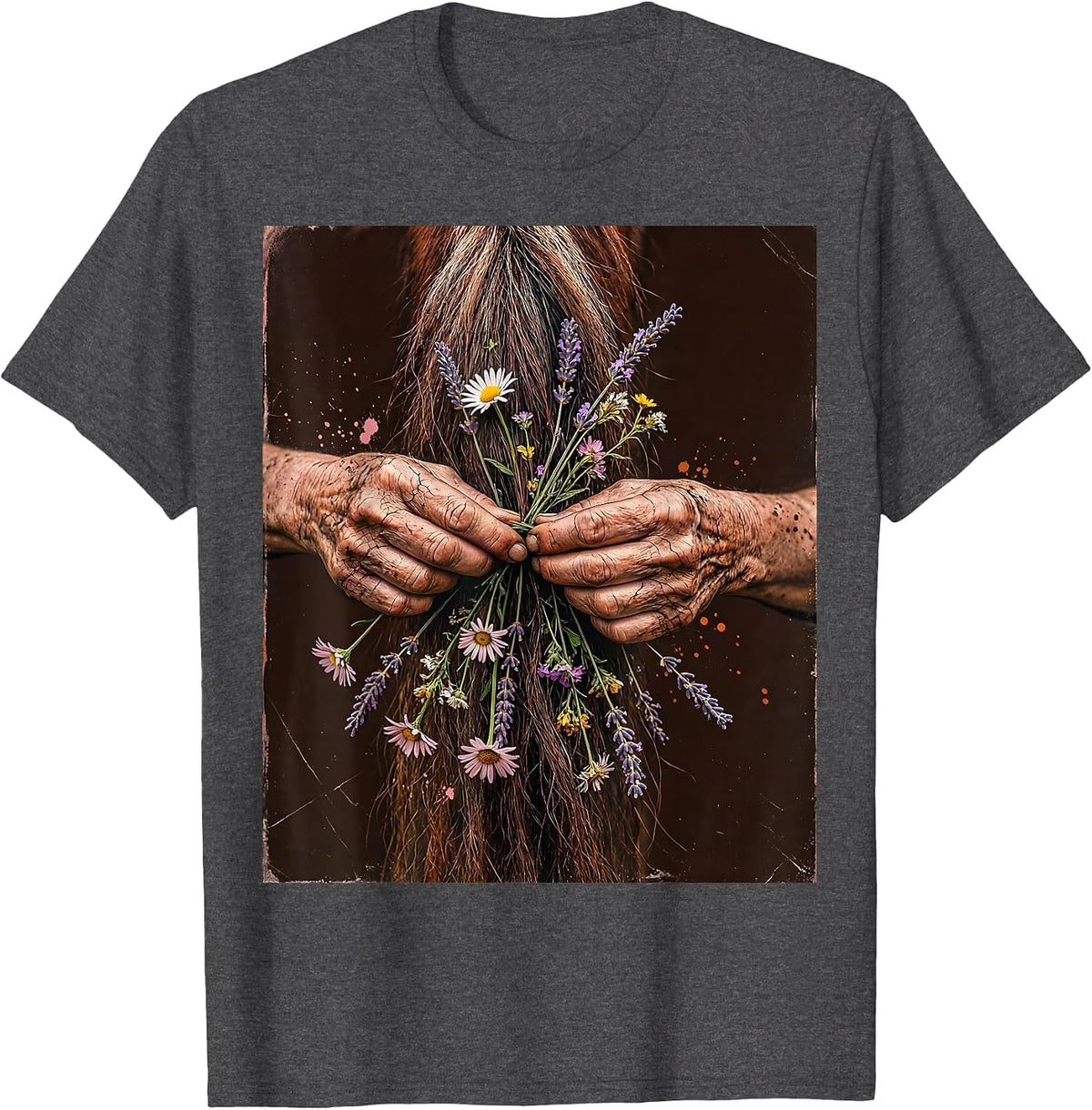 Men's Cowgirl Braiding Horse Tail With Wildflowers T-Shirt - Dark Heather Grey