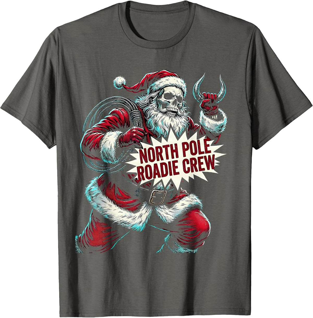 North Pole Roadie Crew Comic Book Heavy Metal Rock Music T-Shirt - Asphalt Grey