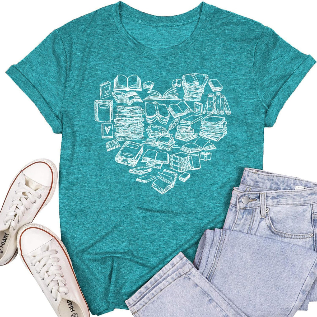 Womens Reading Shirts Book Lover Bookworms T-Shirt Book Heart Tops - Cyan