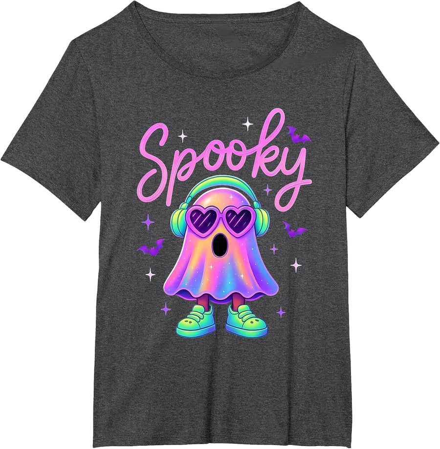 Cute Neon-Style Ghost Halloween Funny Spooky Season T-Shirt - Dark Heather Grey