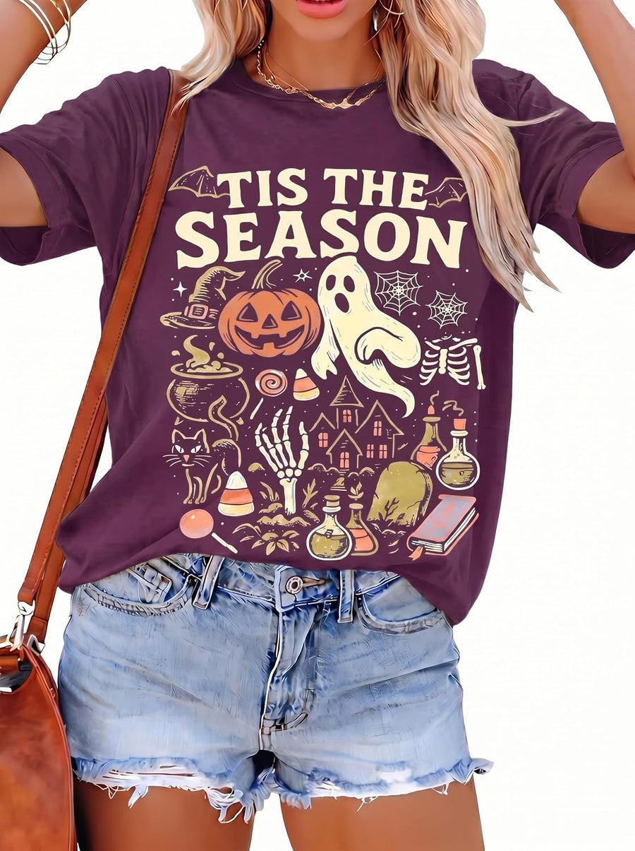 Halloween Shirt for Women Tis The Season Ghost Pumpkin T-Shirt - Wine Red