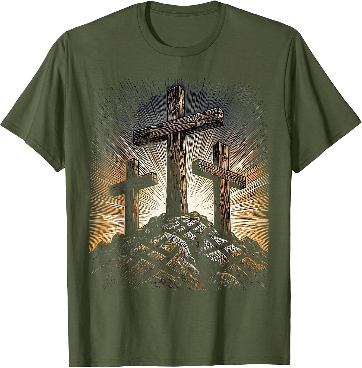 Three Crosses on Rocky Hilltop at Dusk T-Shirt - Olive Green
