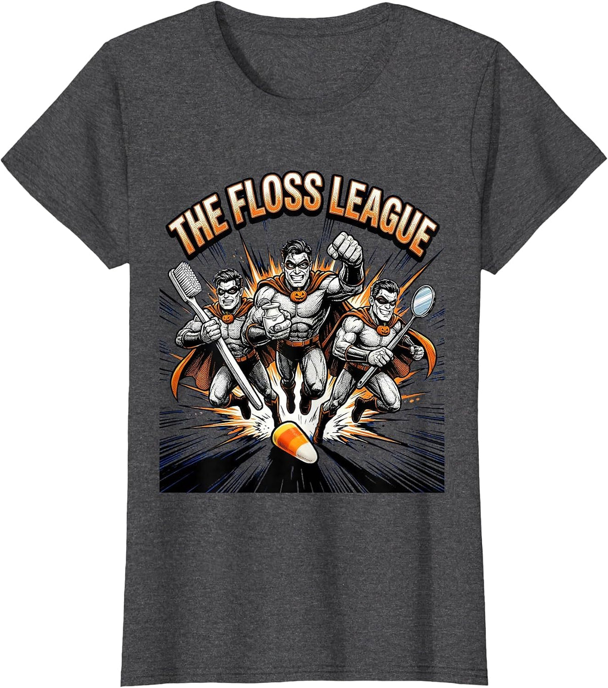 Women's The Floss League Comic Dental Humor Halloween Dentist T-Shirt - Dark Heather Grey