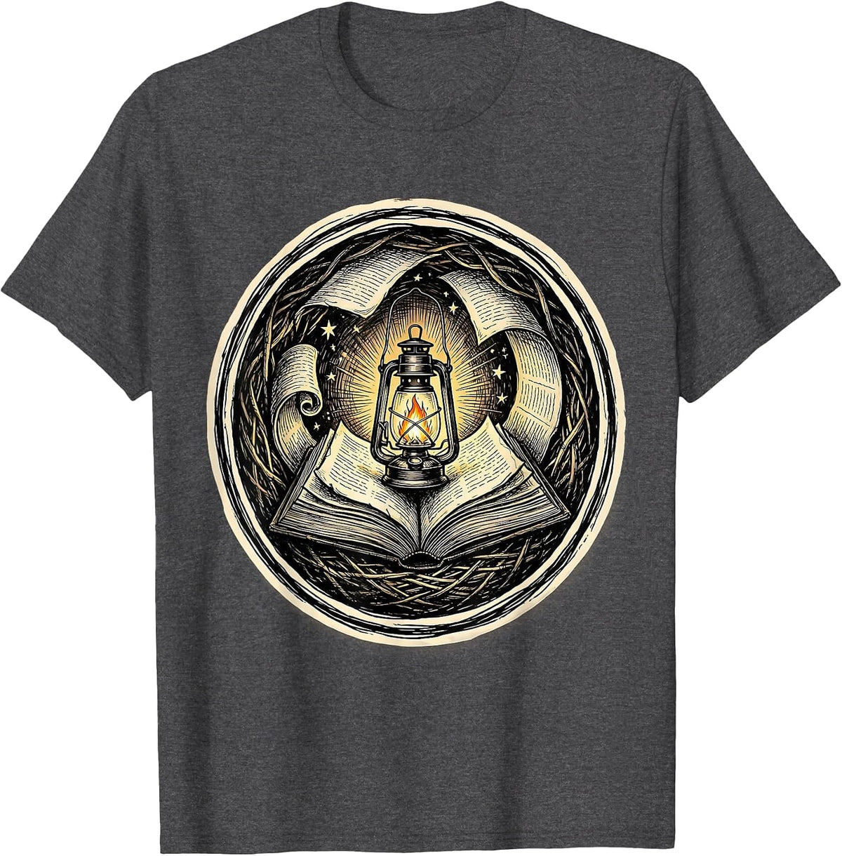 Reading Teacher Glowing Lantern Open Book Illustration T-Shirt - Dark Heather Grey