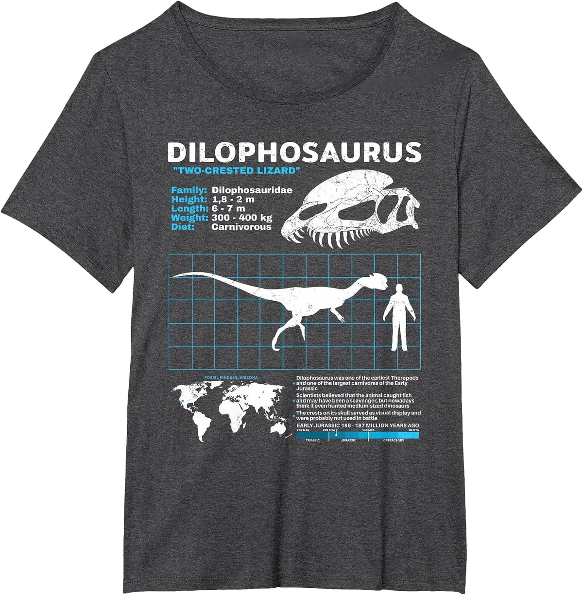Dilophosaurus fact Sheet Dinosaur Facts T-Shirt - Dark Heather Grey