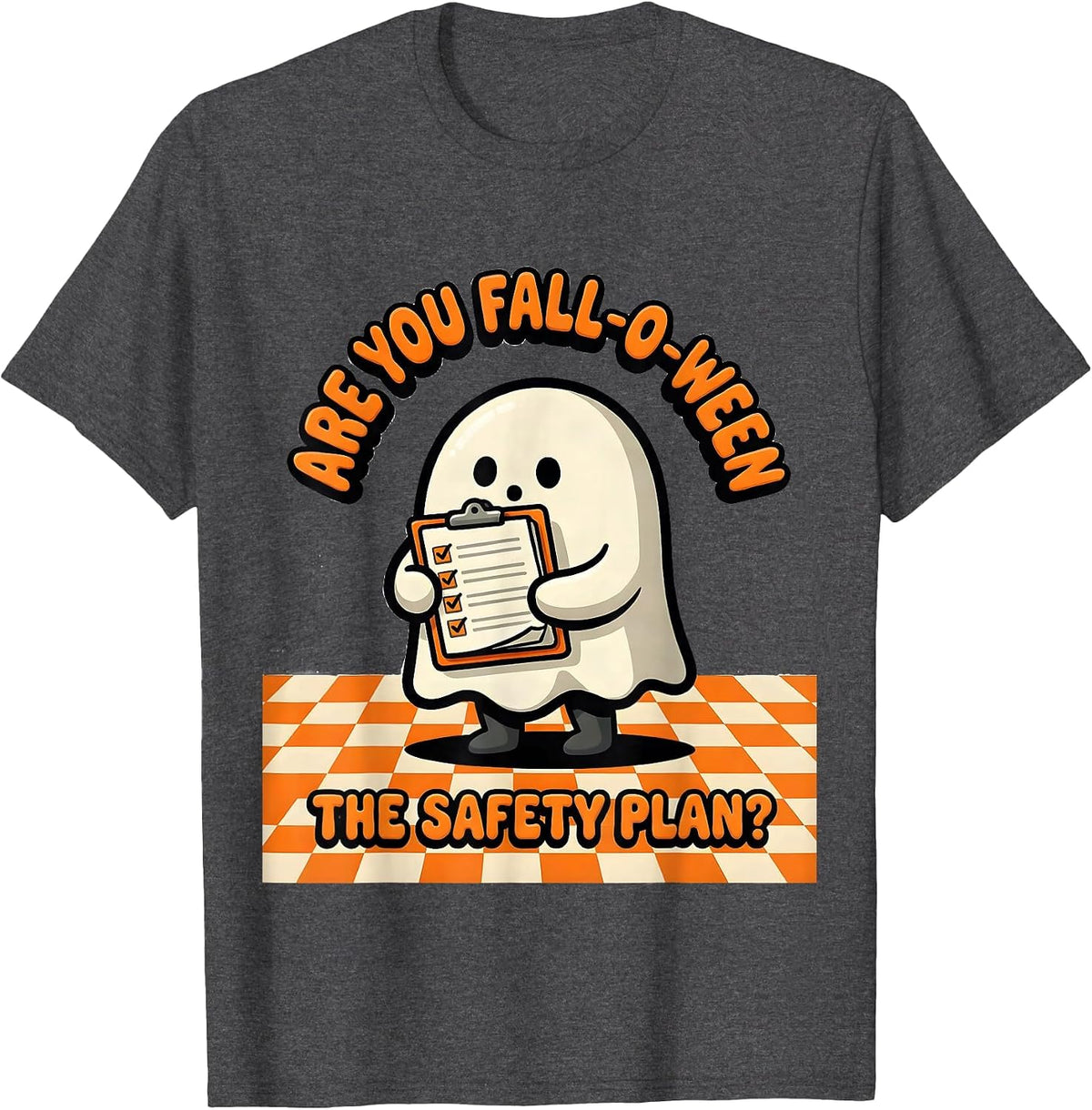 Men's Are You Fall-O-Ween The Safety Plan Funny Teacher Ghost T-Shirt - Dark Heather Grey
