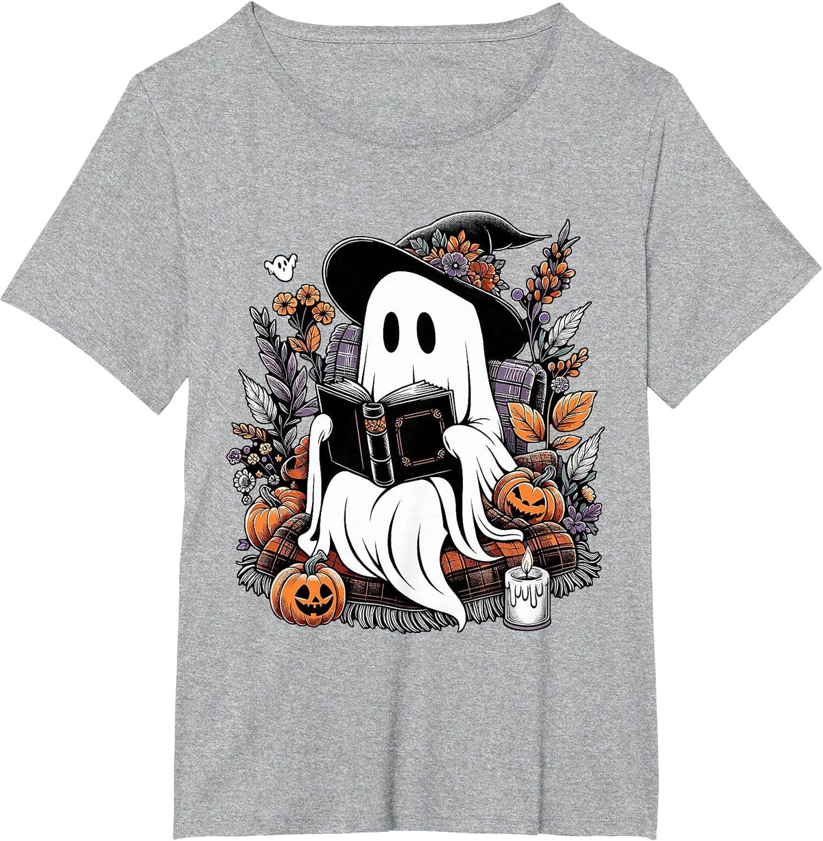 Ghost Reading Books Pumpkin Halloween T-Shirt - Heather Grey