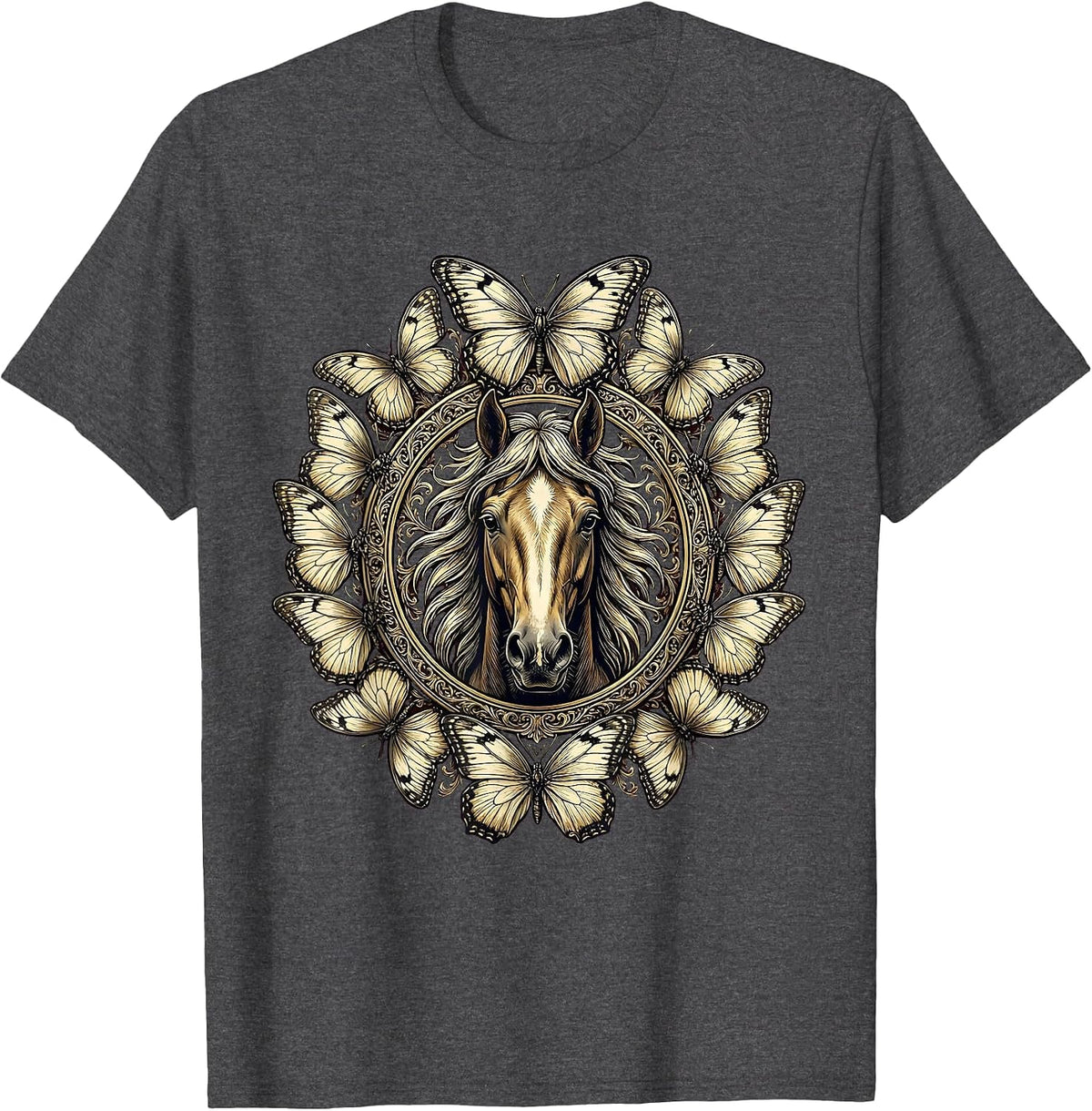 Horse Head and Butterflies Graphic Design T-Shirt - Dark Heather Grey