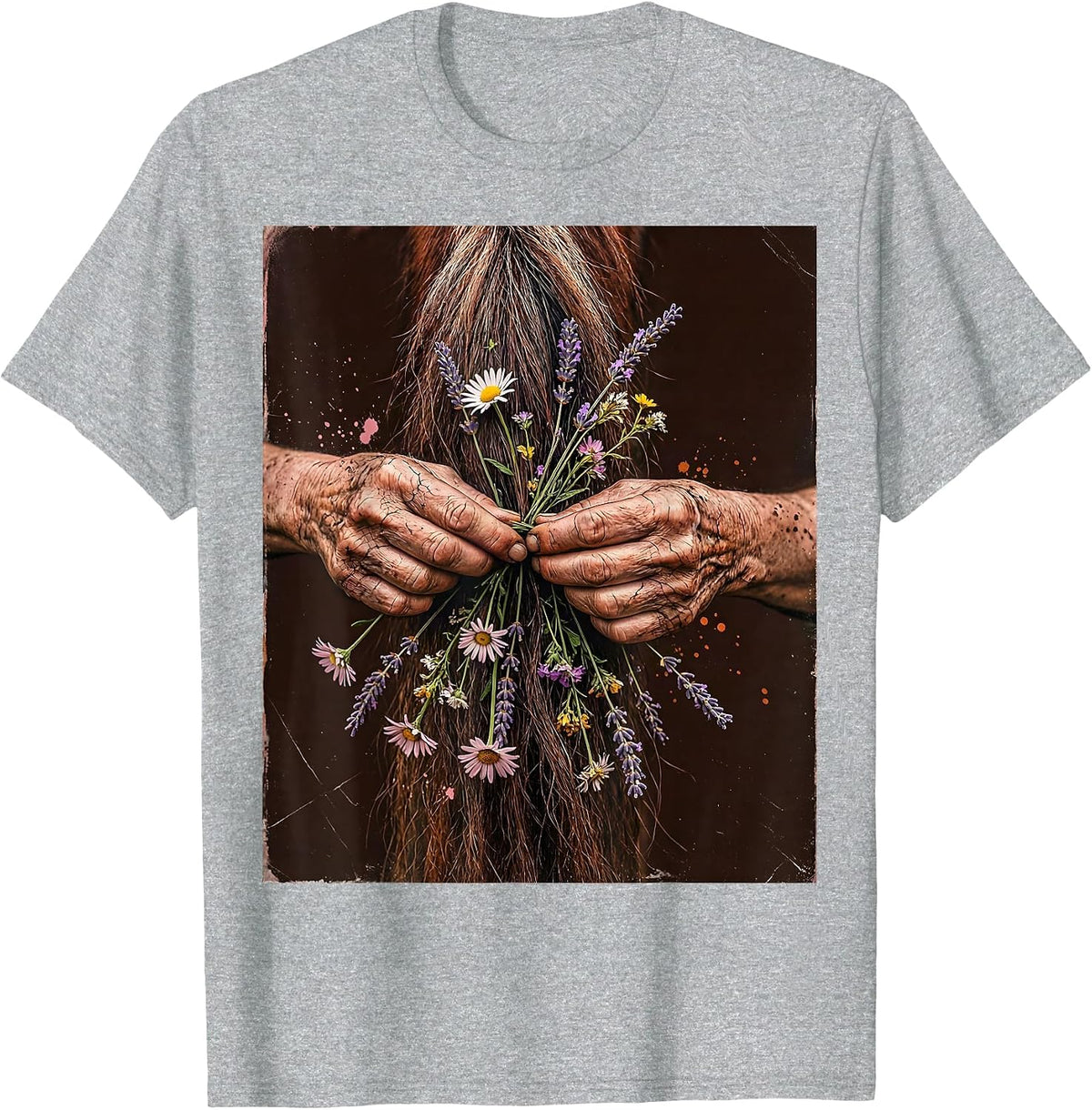 Men's Cowgirl Braiding Horse Tail With Wildflowers T-Shirt - Heather Grey