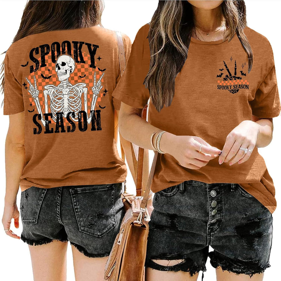 Halloween Shirts Women Spooky Season T Shirt Retro Skeleton Graphic Tee Vintage Fall Tops - Brown