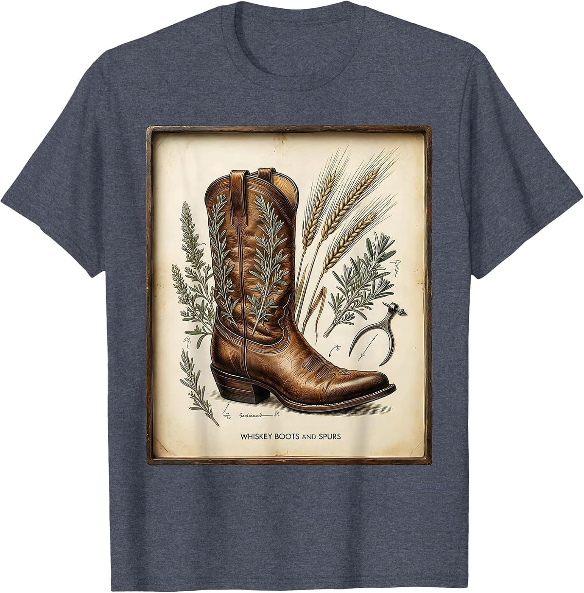 Whiskey Boots and Spurs Western Design T-Shirt - Heather Blue