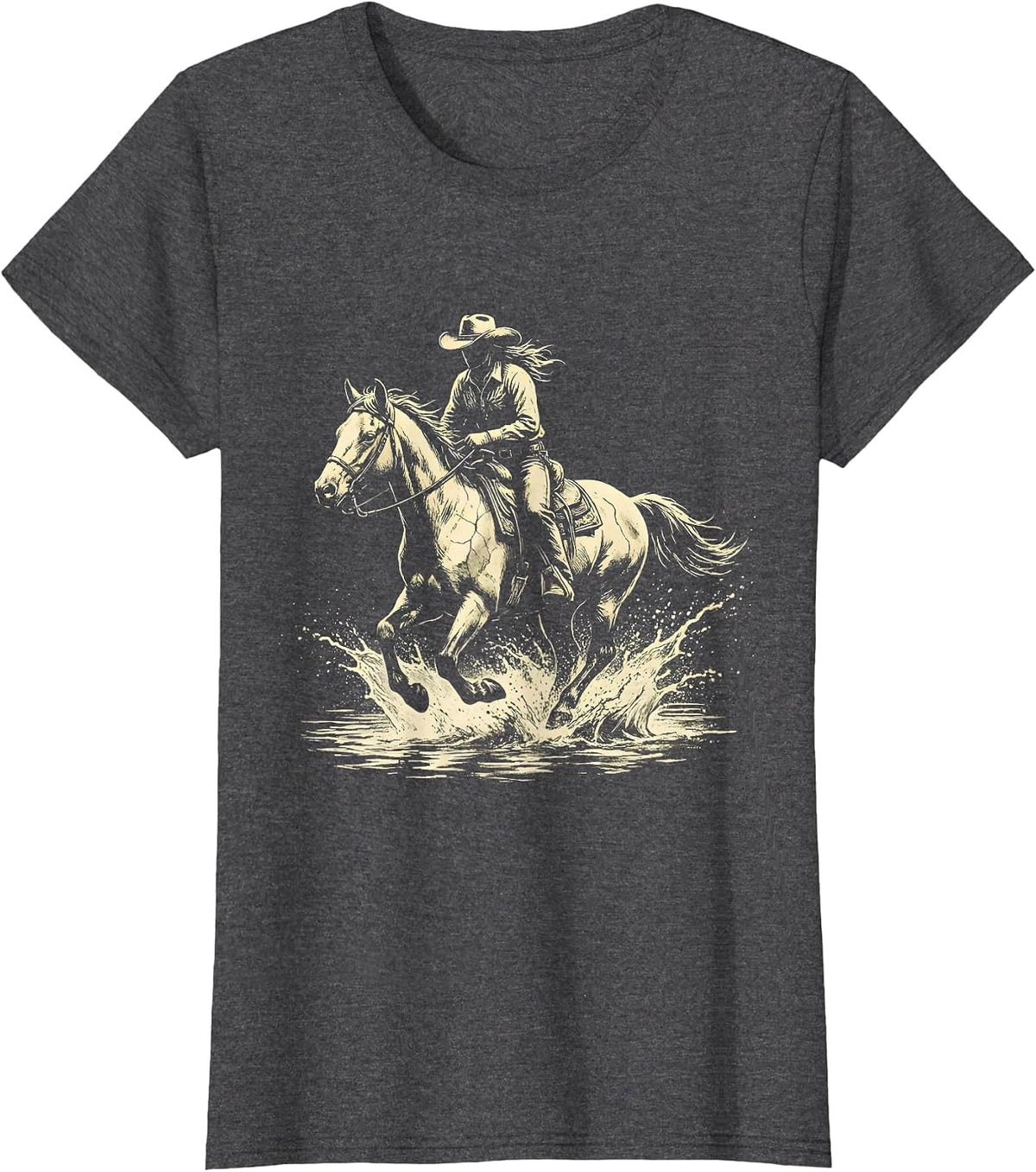 Women's Cowgirl Riding Horse Through River Illustration T-Shirt - Dark Heather Grey