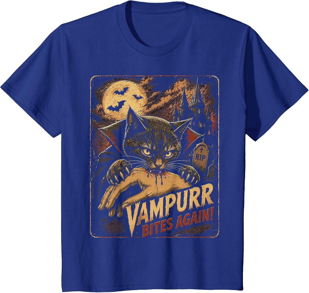 Halloween Comic Cat Vampurr Bites Again Funny Halloween T-Shirt - Royal Blue