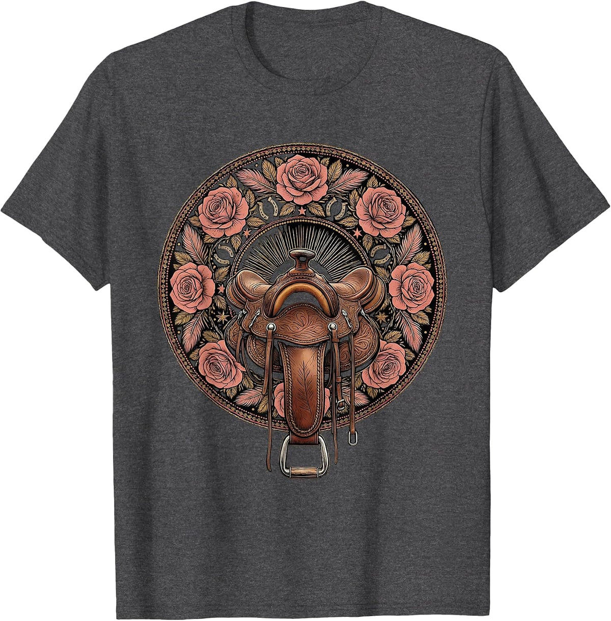 Men's Western Saddle with Roses Rodeo Graphic T-Shirt - Dark Heather Grey