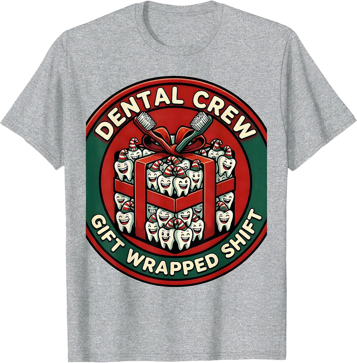 Men's Dental Crew Gift Wrapped Shift Cartoon Dental Team Holiday T-Shirt - Heather Grey