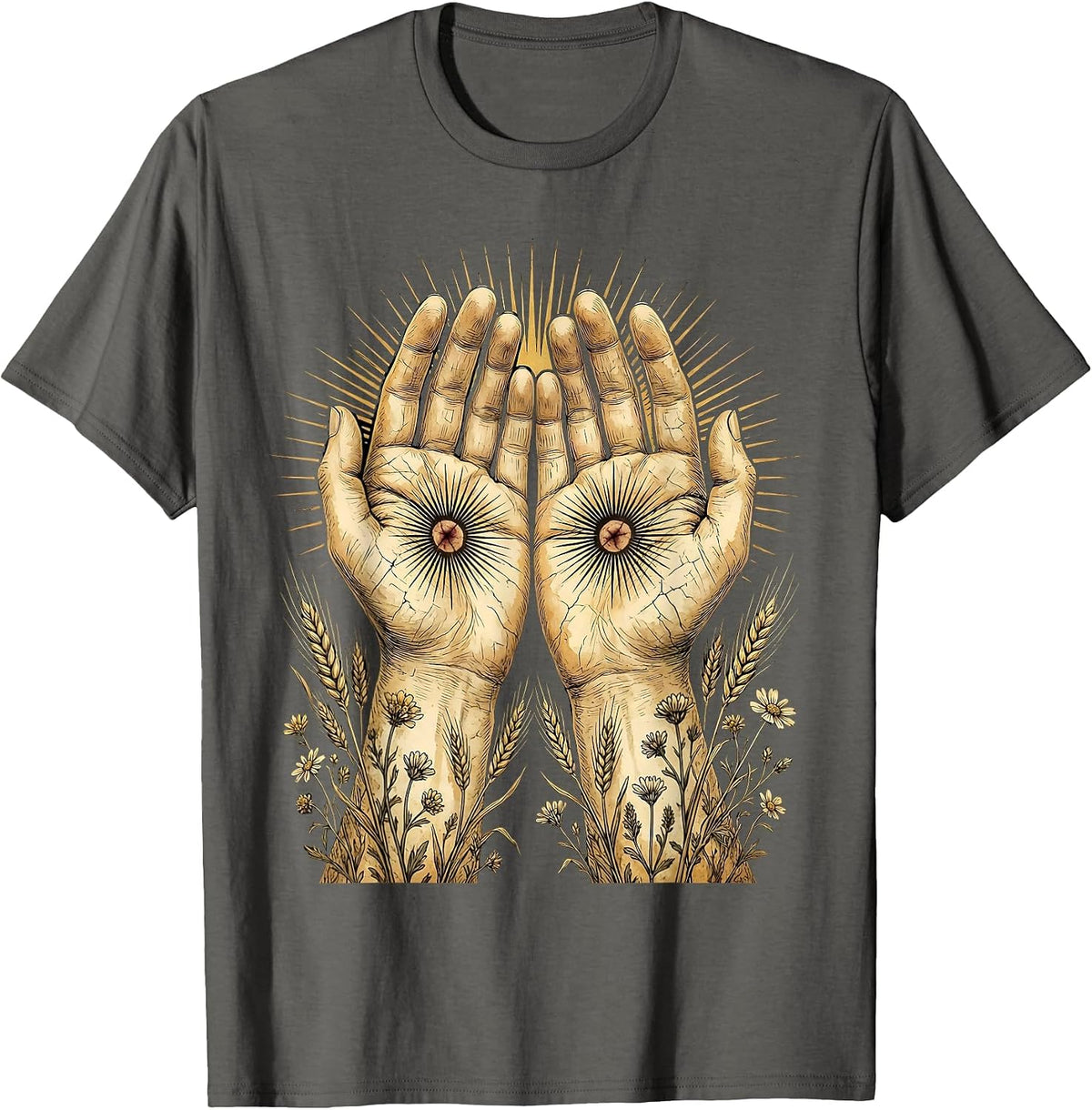Nail-Scarred Hands Radiating Light Jesus Design T-Shirt - Asphalt Grey