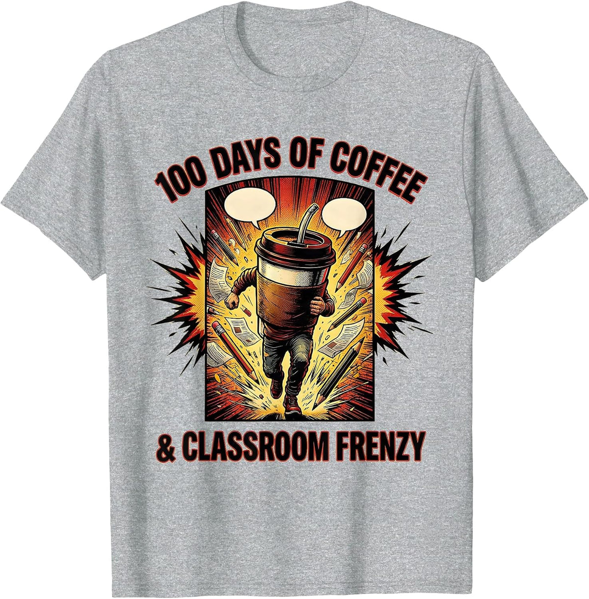 Men's 100 Days Of Coffee & Classroom Frenzy Comic Book Teacher T-Shirt - Heather Grey