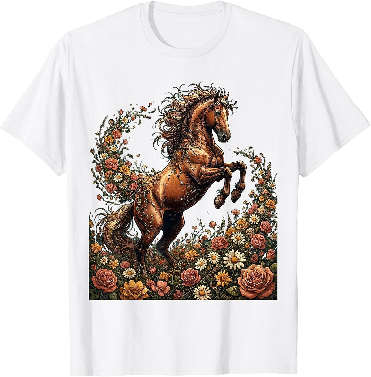 Men's Floral Bucking Horse Rodeo Graphic Design T-Shirt - White
