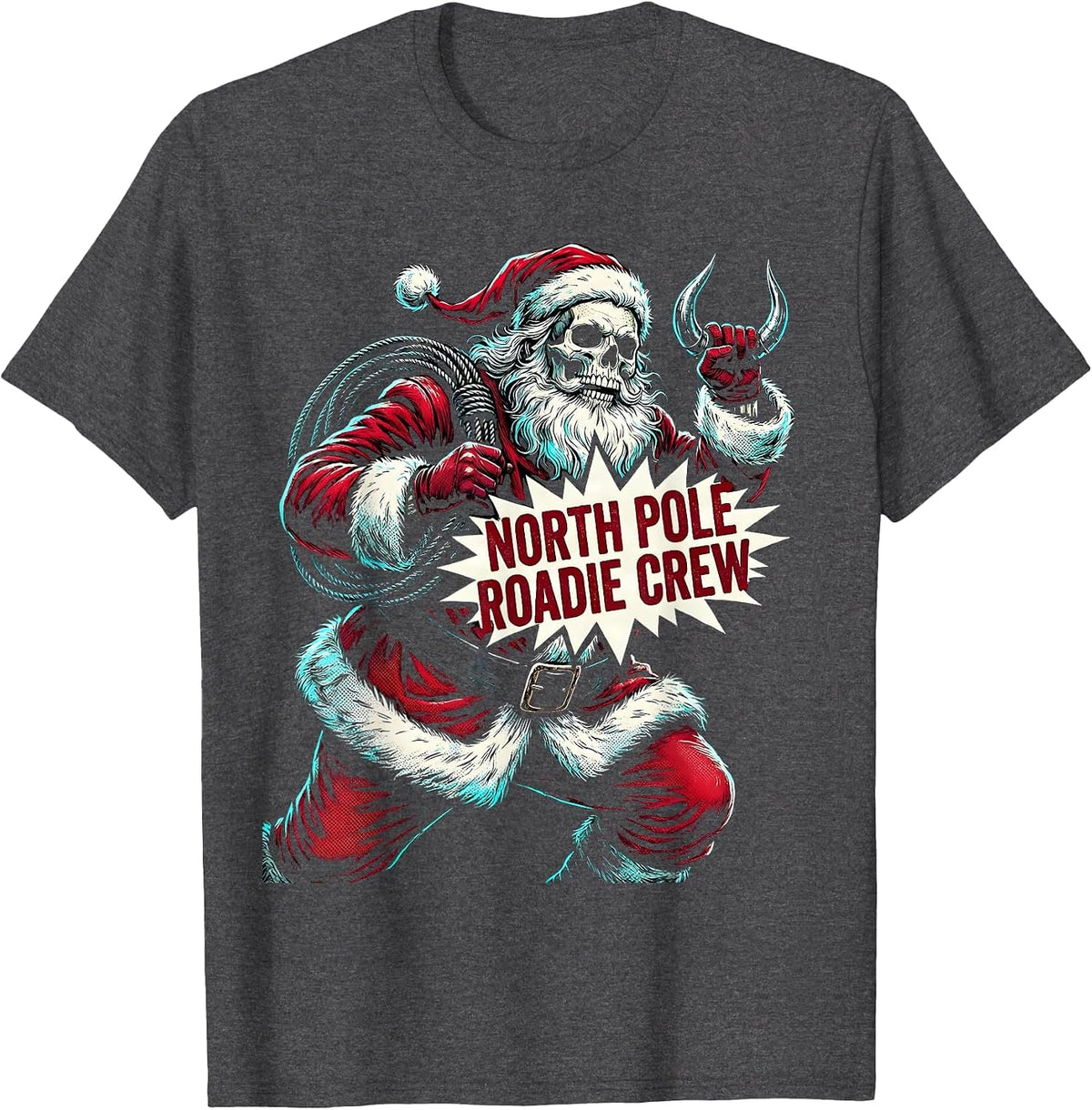 North Pole Roadie Crew Comic Book Heavy Metal Rock Music T-Shirt - Dark Heather Grey
