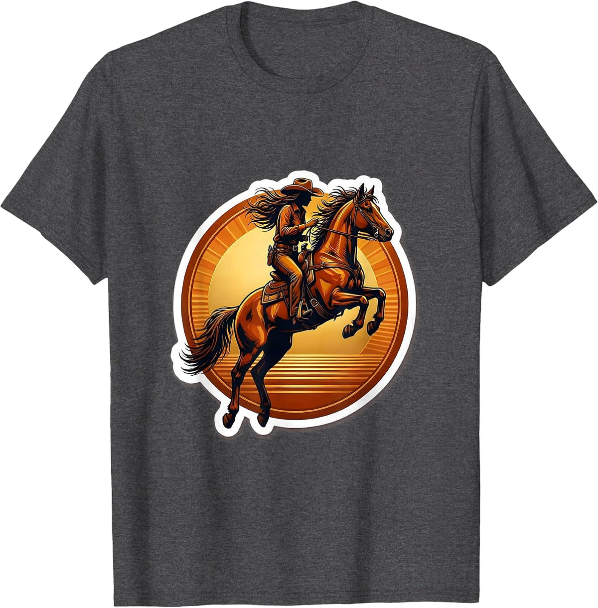Cowboy Rider and Horse Mid-Jump Sunset Design T-Shirt - Dark Heather Grey