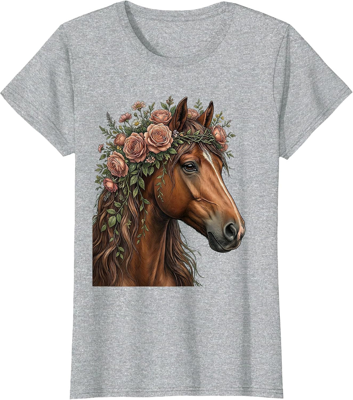 Floral Crown Horse Profile Graphic Tee T-Shirt - Heather Grey