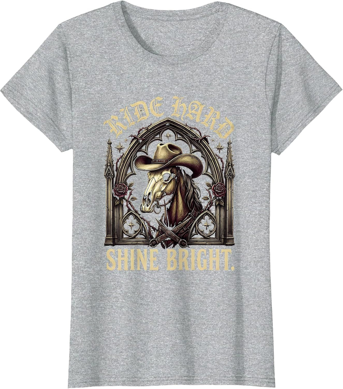 Ride Hard Shine Bright Cowgirl Design T-Shirt - Heather Grey