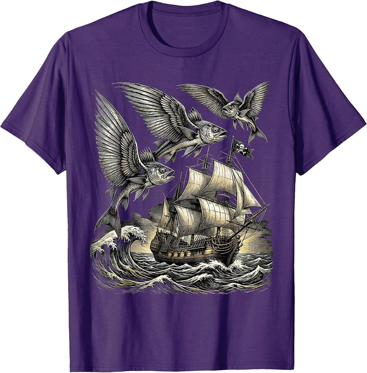 Men's Flying Fish Leaping Over Pirate Ship Graphic T-Shirt - Purple