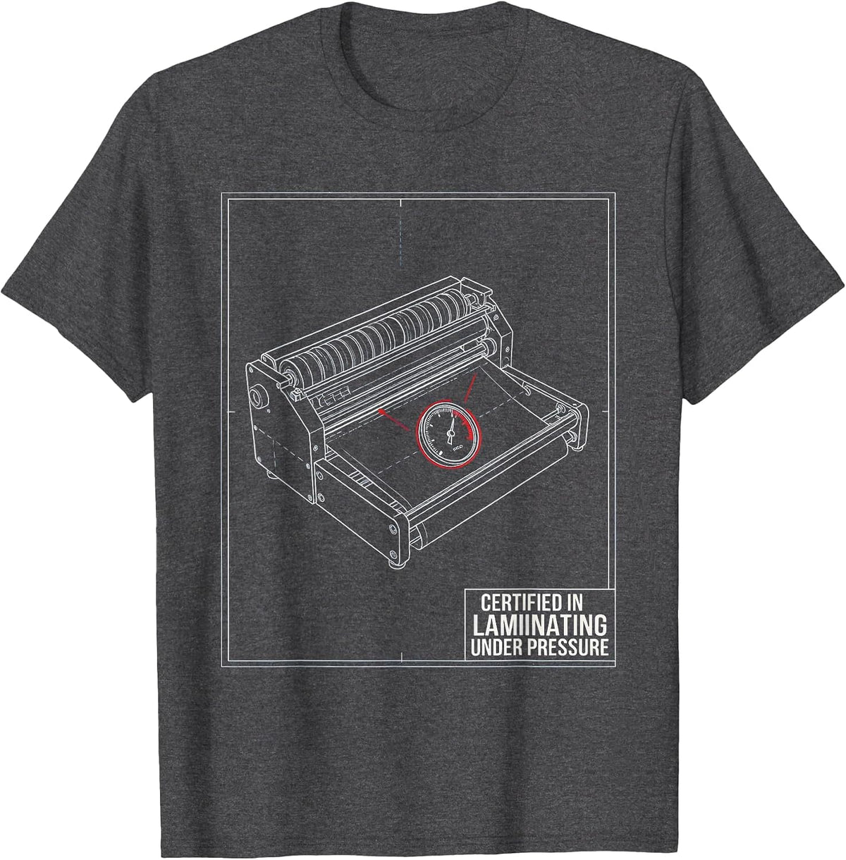 Certified In Laminating Under Pressure Technical Blueprint T-Shirt - Dark Heather Grey