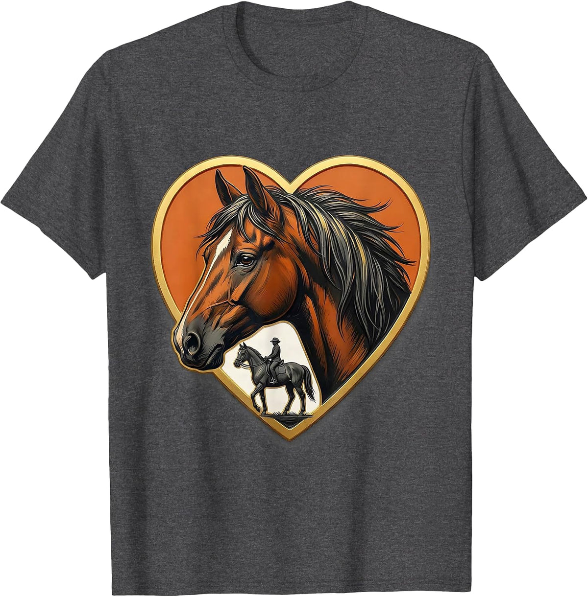 Horse-Head Heart Showcard Badge Horse Lover Girl Humor T-Shirt - Dark Heather Grey