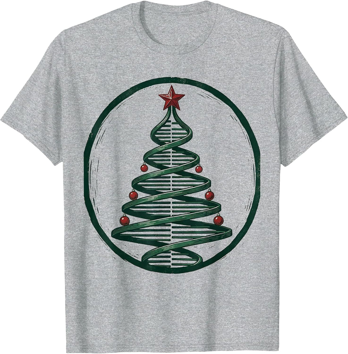 Men's DNA Helix Christmas Tree Linocut Science Teacher Humor T-Shirt - Heather Grey