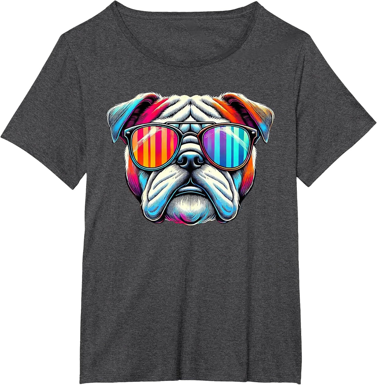 Colorful English Bulldog Wearing Sunglasses T-Shirt - Dark Heather Grey
