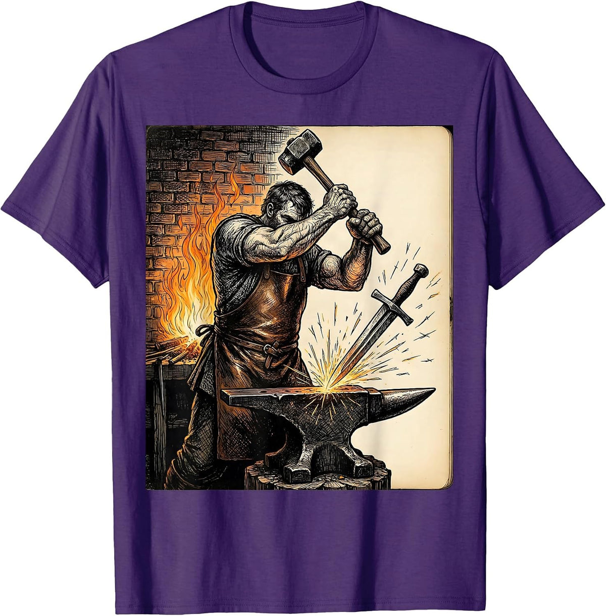 Renaissance Blacksmith Forge Hammering Sword Art T-Shirt - Purple