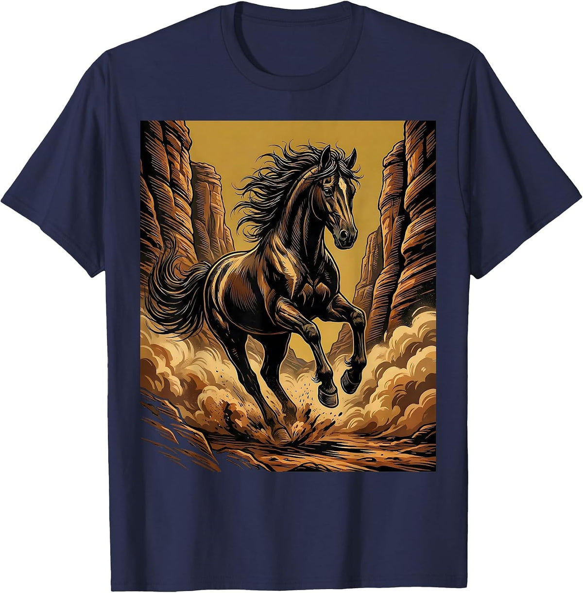 Lone Horse Running Through Canyon Dust T-Shirt - Navy Blue
