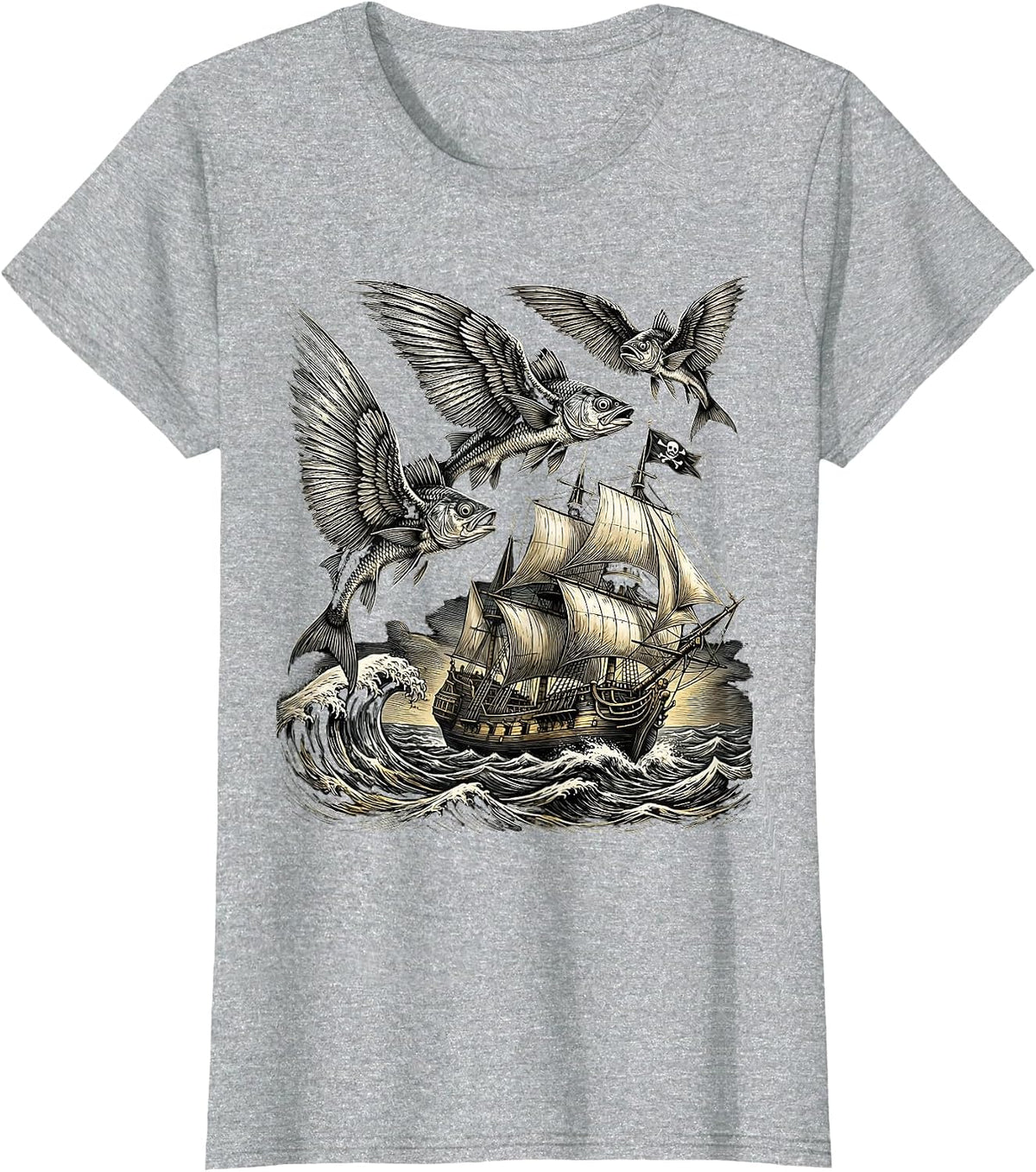 Women's Flying Fish Leaping Over Pirate Ship Graphic T-Shirt - Heather Grey