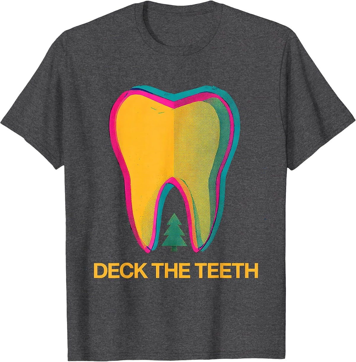 Men's Deck the Teeth Risograph Dental Christmas Humor T-Shirt - Dark Heather Grey