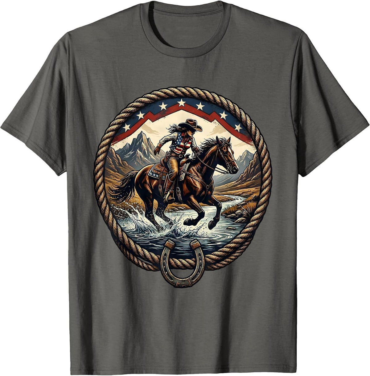 Men's Cowgirl Riding Horse Through Mountain River T-Shirt - Asphalt Grey