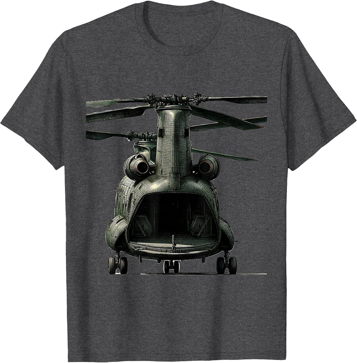 Men's CH-46 Sea Knight Crosshatch Etching Military Helicopter T-Shirt - Dark Heather Grey