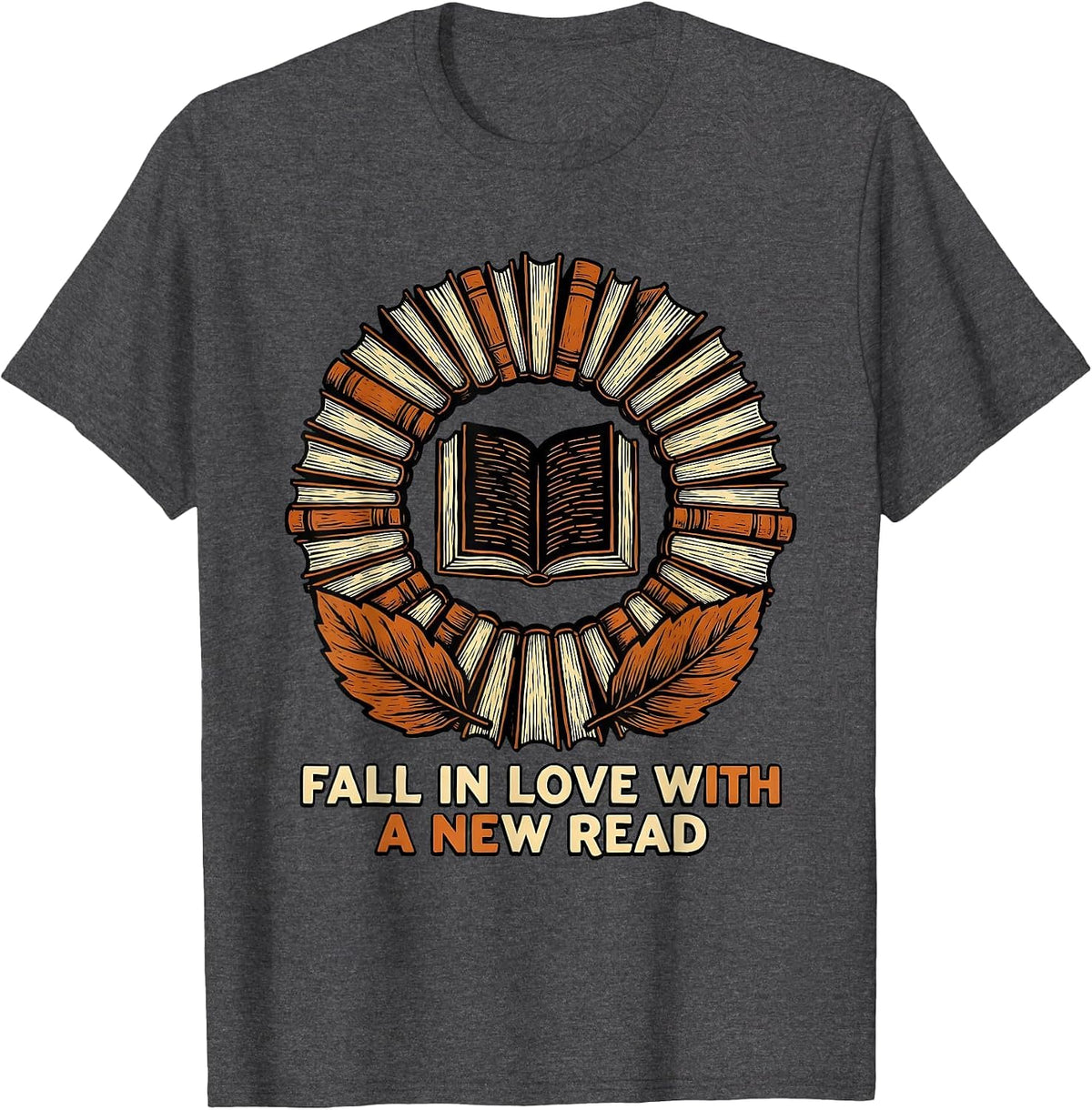 Men's Fall In Love With A New Read Linocut Autumn Teacher Book T-Shirt - Dark Heather Grey