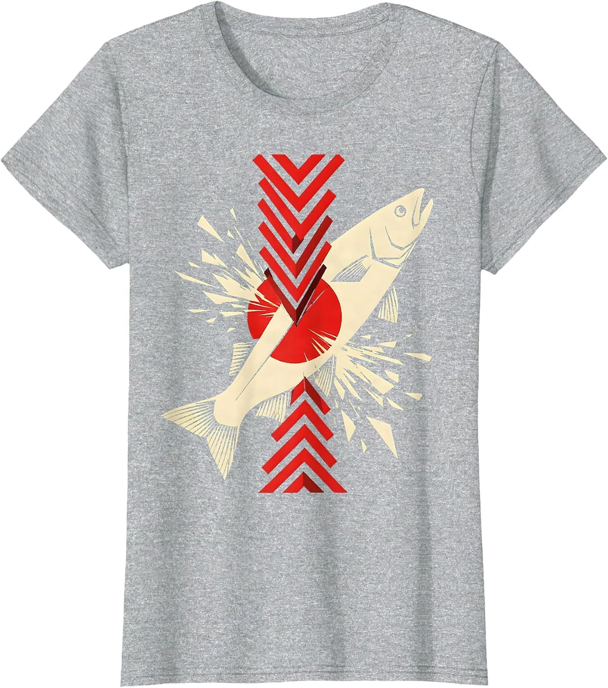 Salmon Leaping Upstream Waterfall Illustration T-Shirt - Heather Grey