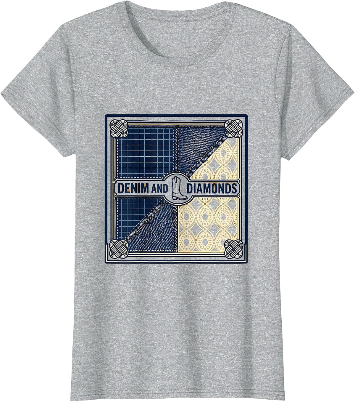 Denim and Diamonds Western Cowgirl Glam Style T-Shirt - Heather Grey