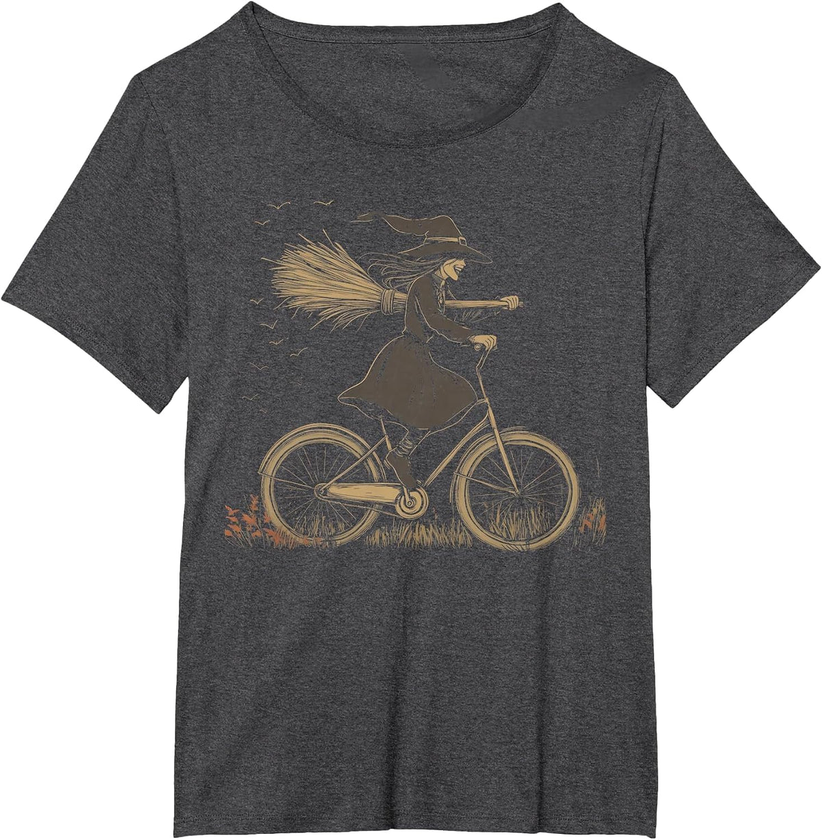 Vintage Spooky Witch Riding Bicycle Cycing Biking Halloween T-Shirt - Dark Heather Grey